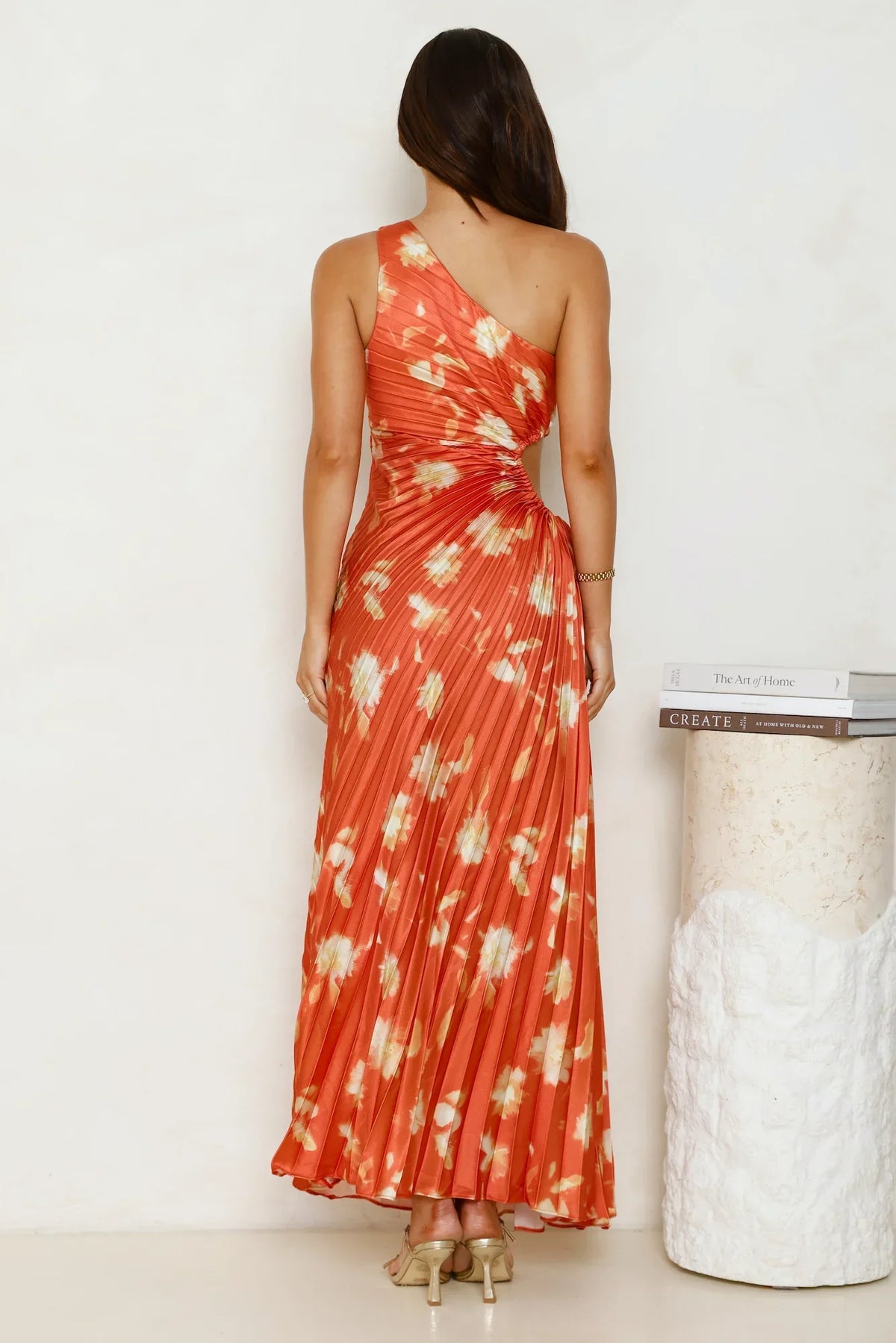 Golden Touch Satin One Shoulder Maxi Dress Rust