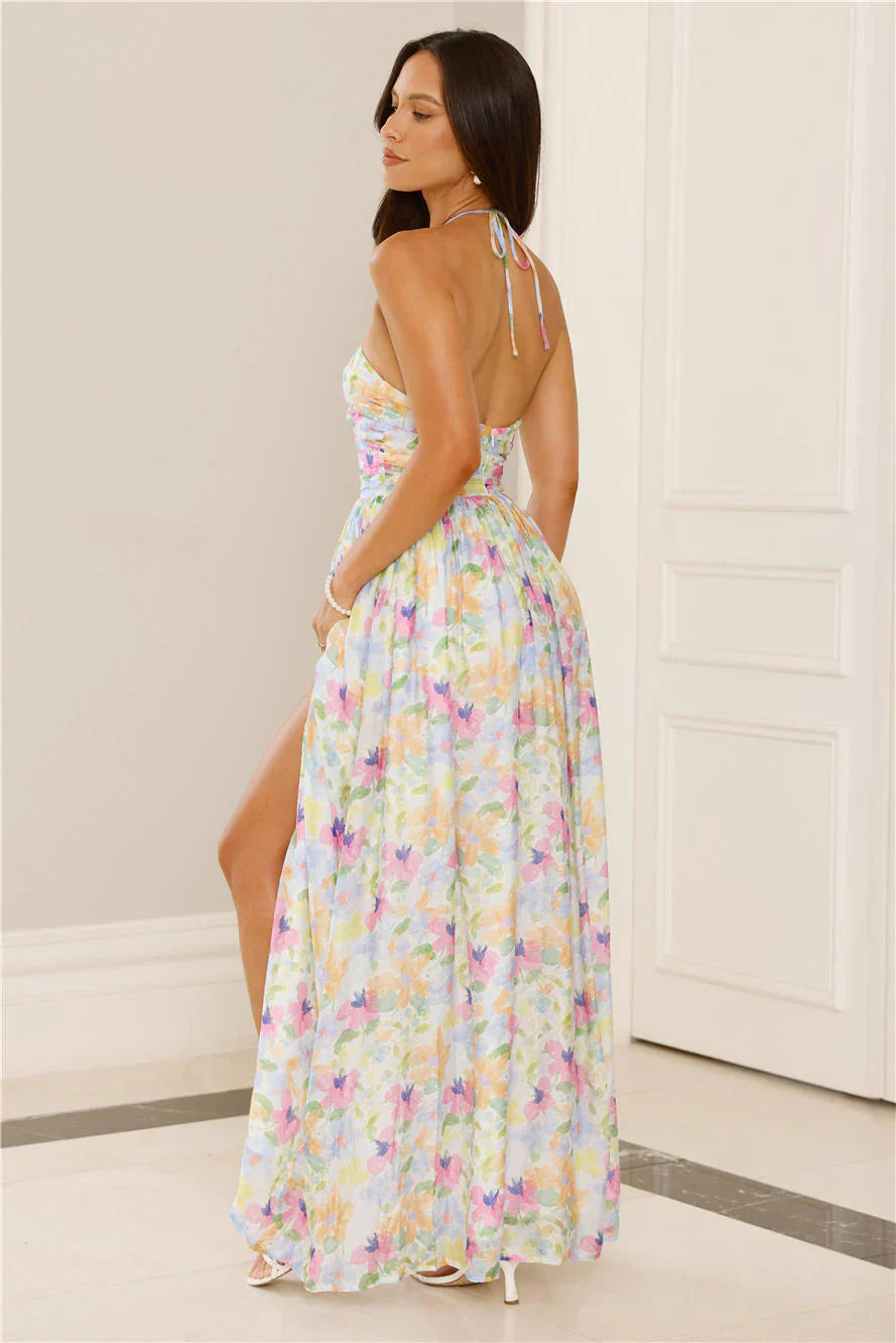 Hibiscus Hues Halter Maxi Dress Print