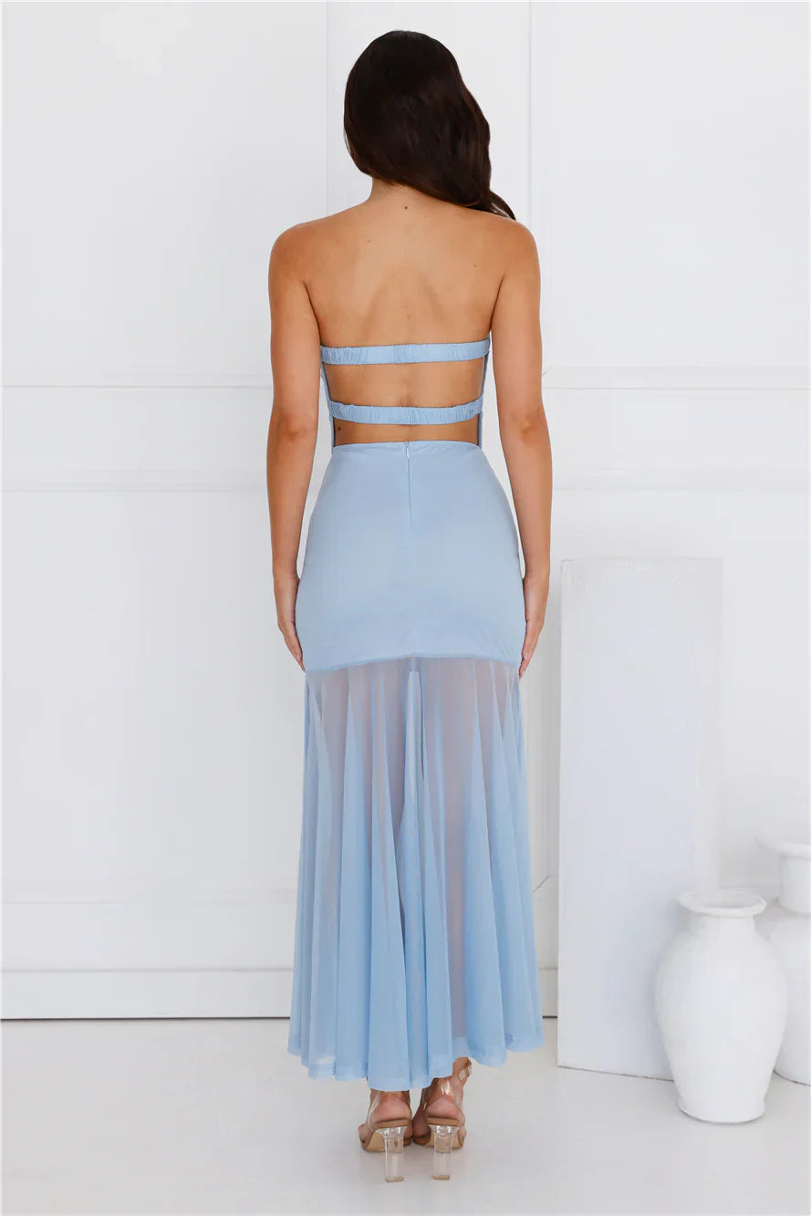 Misty Morning Magic Strapless Mesh Maxi Dress Blue
