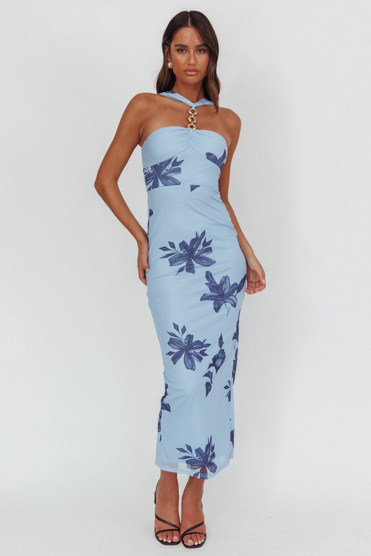 Maretha Gold Link Neckline Maxi Dress Lily Blue
