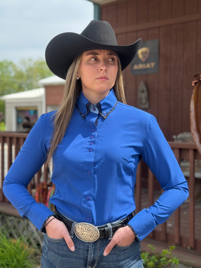RHC Equestrian Women's Blue Double Collar/Contrast Cuff Moisture Wicking Western Show Shirt 68233-RBLU