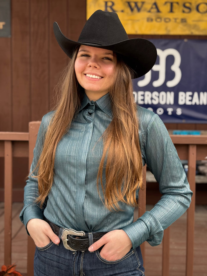 RHC Equestrian Women's Teal Green Sateen Lycra Hidden Zipper Western Show Shirt 70357-T