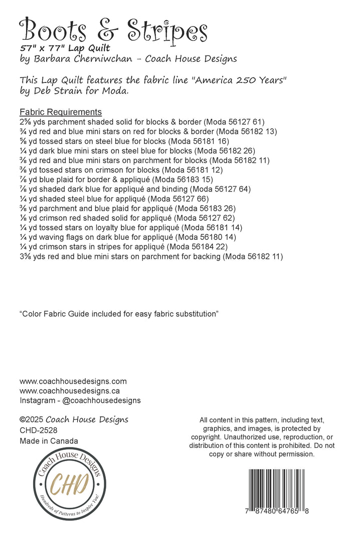 Information sheet for a lap quilt pattern titled 'Boots & Stripes' by Coach House Designs. It contains product specifications and fabric requirements.