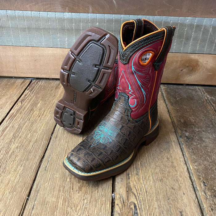 Durango Children’s & Youth Brown & Pink Gator Embossed Square Toe Western Boot DBT0233C DBT0233Y-Painted Cowgirl Western Store