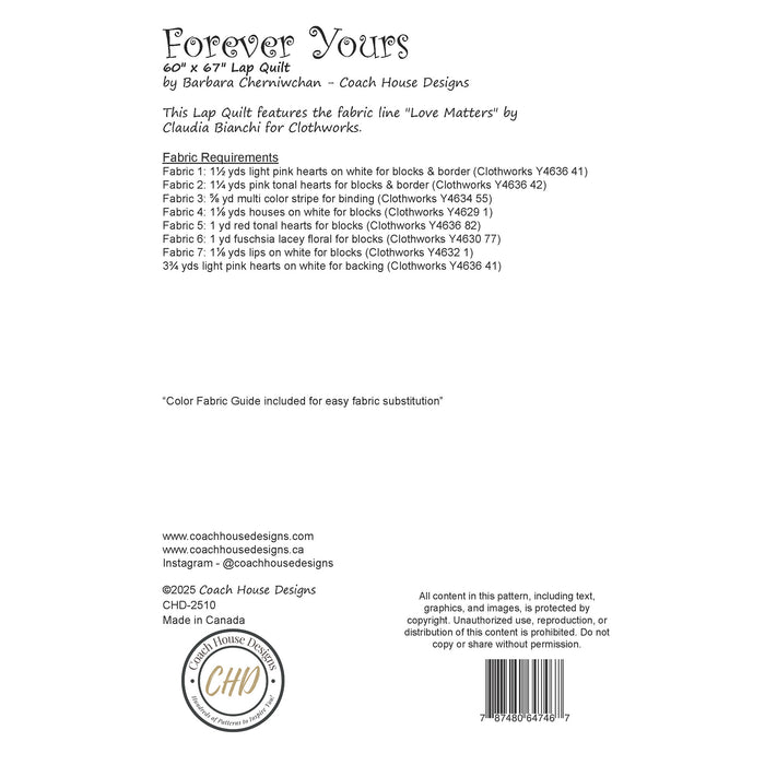Fabric guide and specifications for a lap quilt titled 'Forever Yours' by Coach House Designs.