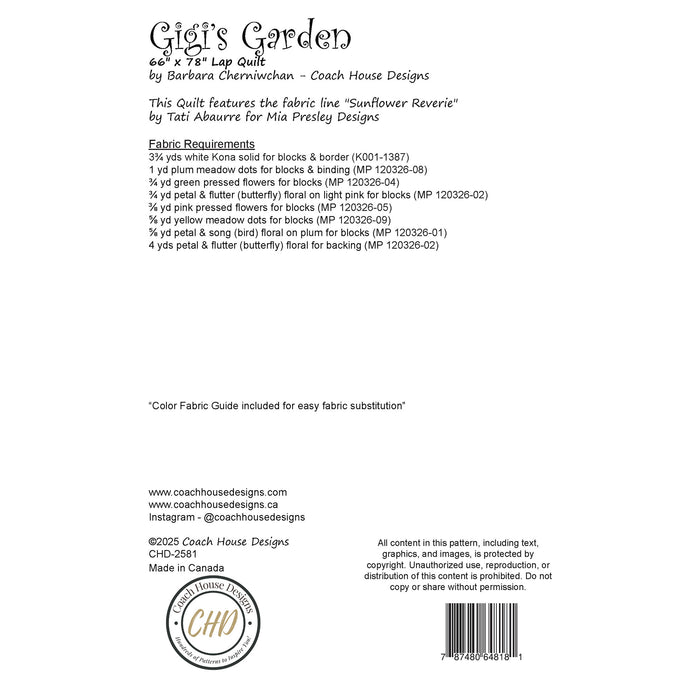Back information sheet with fabric requirement for a quilt pattern titled 'Gigi's Garden' by Coach House Designs