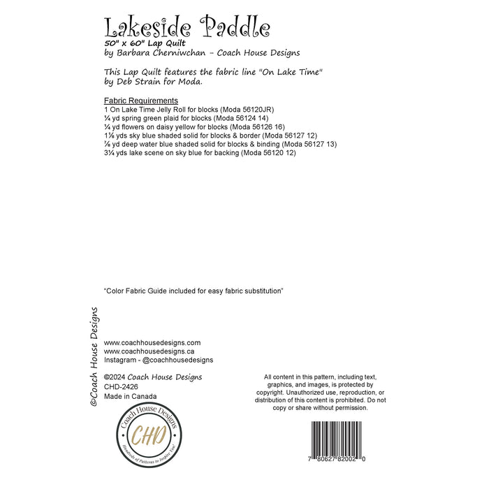 Textual information about the lap quilt sewing pattern titled 'Lakeside Paddle' by Coach House Designs. The text includes the specifications for the fabric line 'On Lake Time' by Deb Strain for Moda.