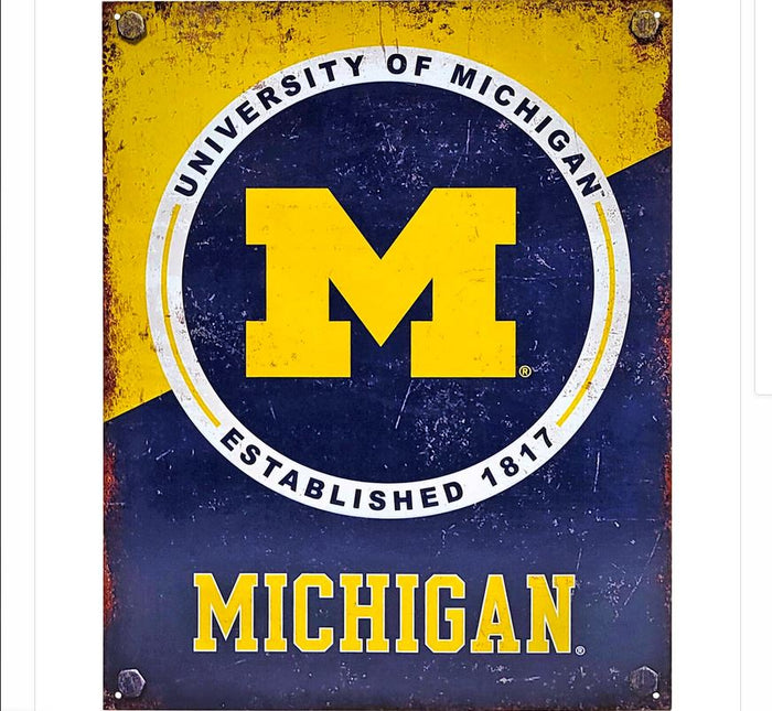 Michigan Wolverines NCAA 16x12.5 Tin Sign Distressed Metal Wall Pole Decor