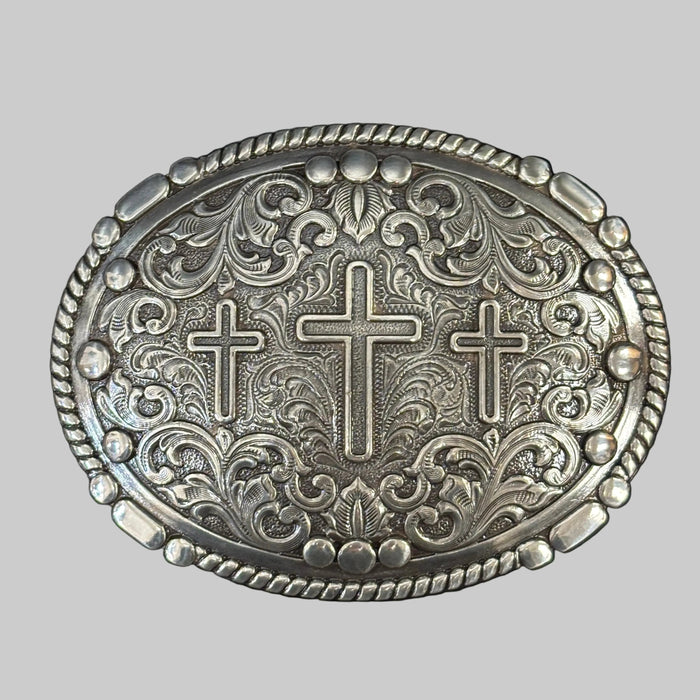 Nocona Silver Three Cross Scrolled Embossed Rope Edge Oval Belt Buckle 37980