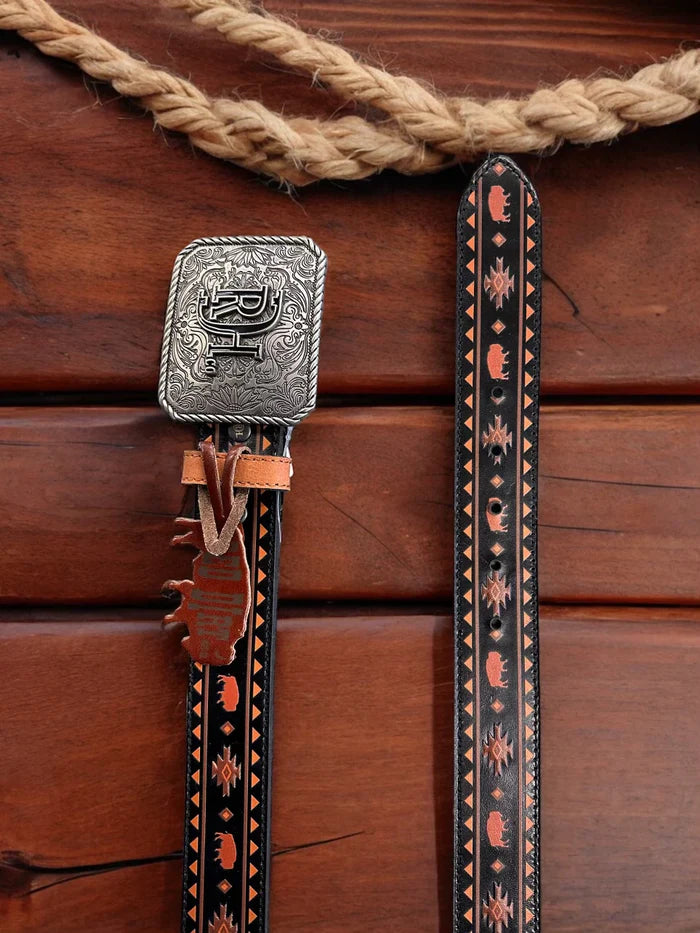Red Dirt Hat Co. Men’s Genuine Black w/Rust Bison and Brown Printed Design Leather Belt 24069BE5-Painted Cowgirl Western Store