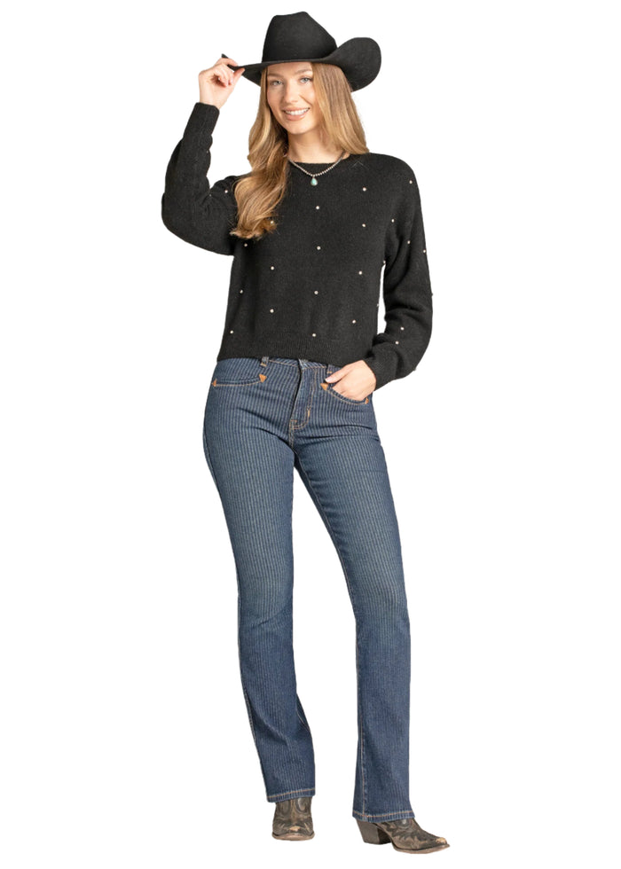 Rock & Roll Cowgirl Black Rhinestone Embellished Knit Cropped Long Sleeve Sweater BW32T06948