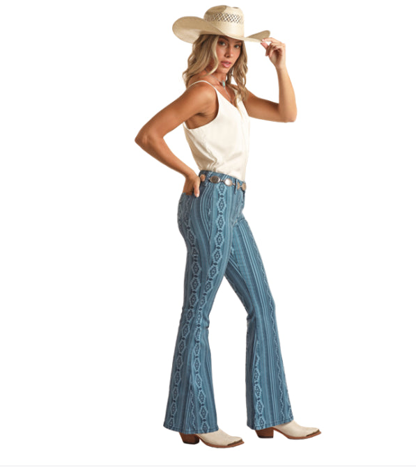 Rock & Roll Cowgirl Women's Blue Aztec High Rise Stretch Flare Jeans BW6PD03981
