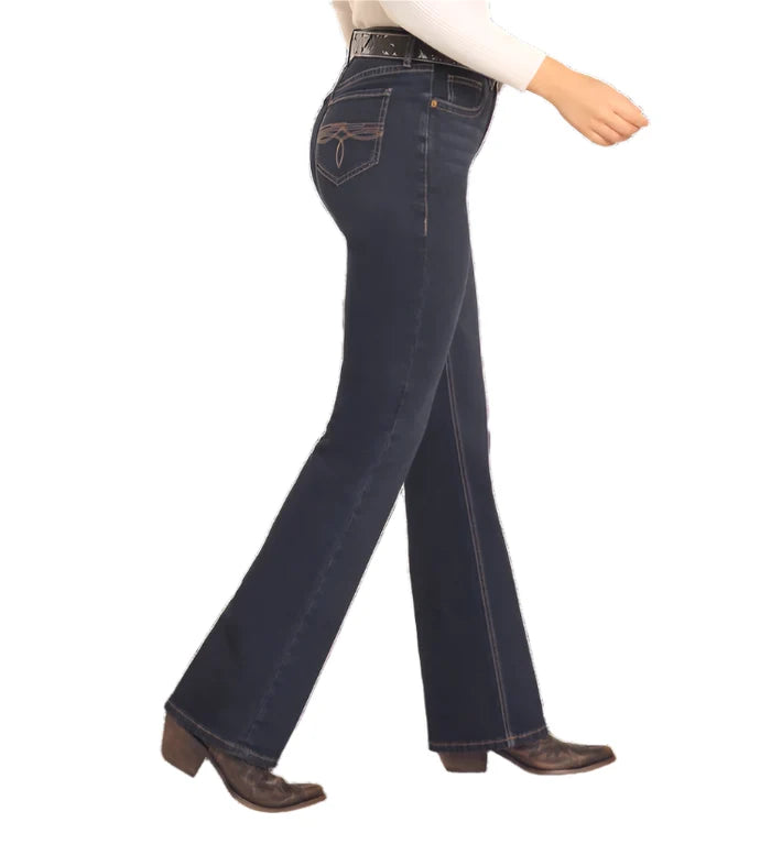 Rock & Roll Cowgirl Women's Dark Wash Bootstitch High Rise Modest Bootcut Jeans BW4HD04764