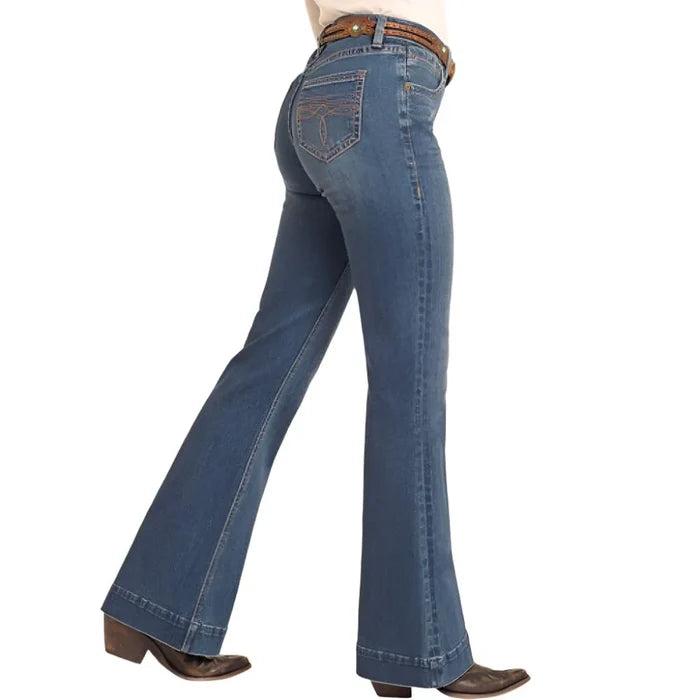 Rock & Roll Cowgirl Women's Vintage Wash Bootstitch Pocket Mid Rise Trouser Jeans BW5MD04782