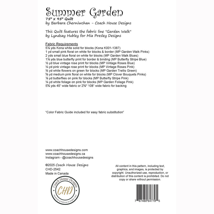 This page contains written information about a lap quilt pattern titled 'Summer Garden' by Coach House Designs. The design specifications as well as the fabric yardage for the fabric titled 'Garden Walk' by Mia Presley Designs is included.