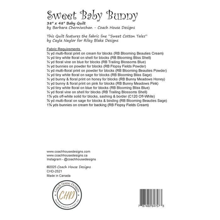 Textual information about a lap quilt sewing pattern titled 'Sweet Baby Bunny' by Coach House Designs. This page contains information about the design specifications and fabric requirements to make the quilt.