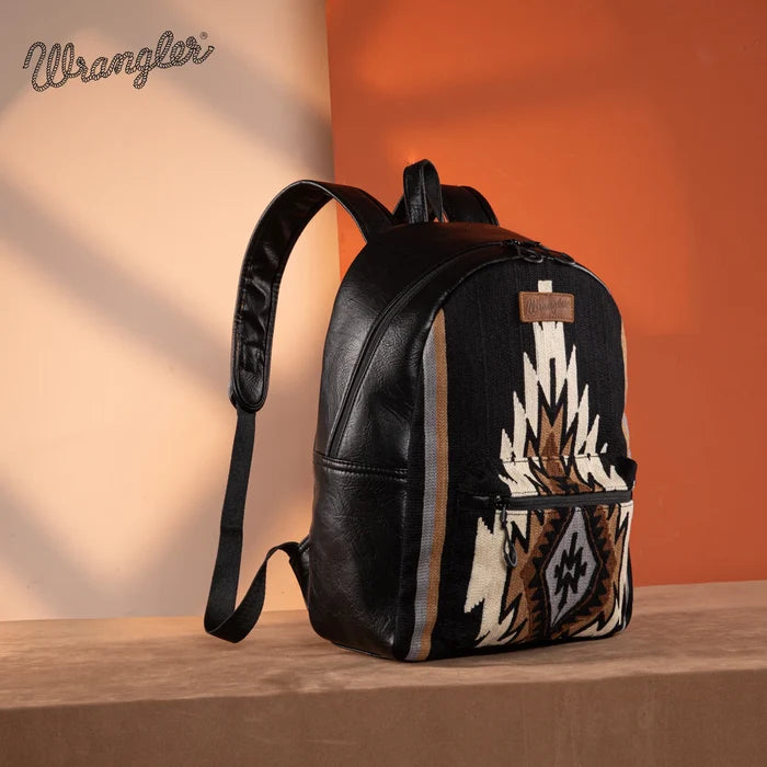 Wrangler Black Southwestern Aztec Knitted Accent Faux Leather Backpack WG174-9115BLK