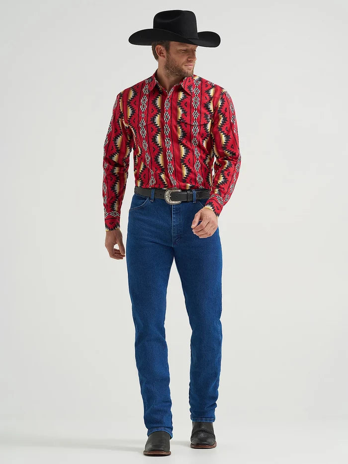 Wrangler Men's Firey Red Checotah Print Pearl Snap Long Sleeve Western Shirt 112369430