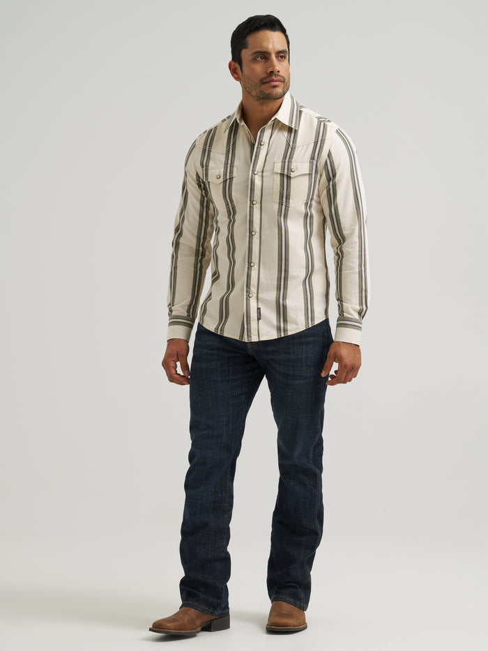 Wrangler Retro Premium Men's Tan Stripe Modern Fit Pearl Snap Long Sleeve Western Shirt 112381538