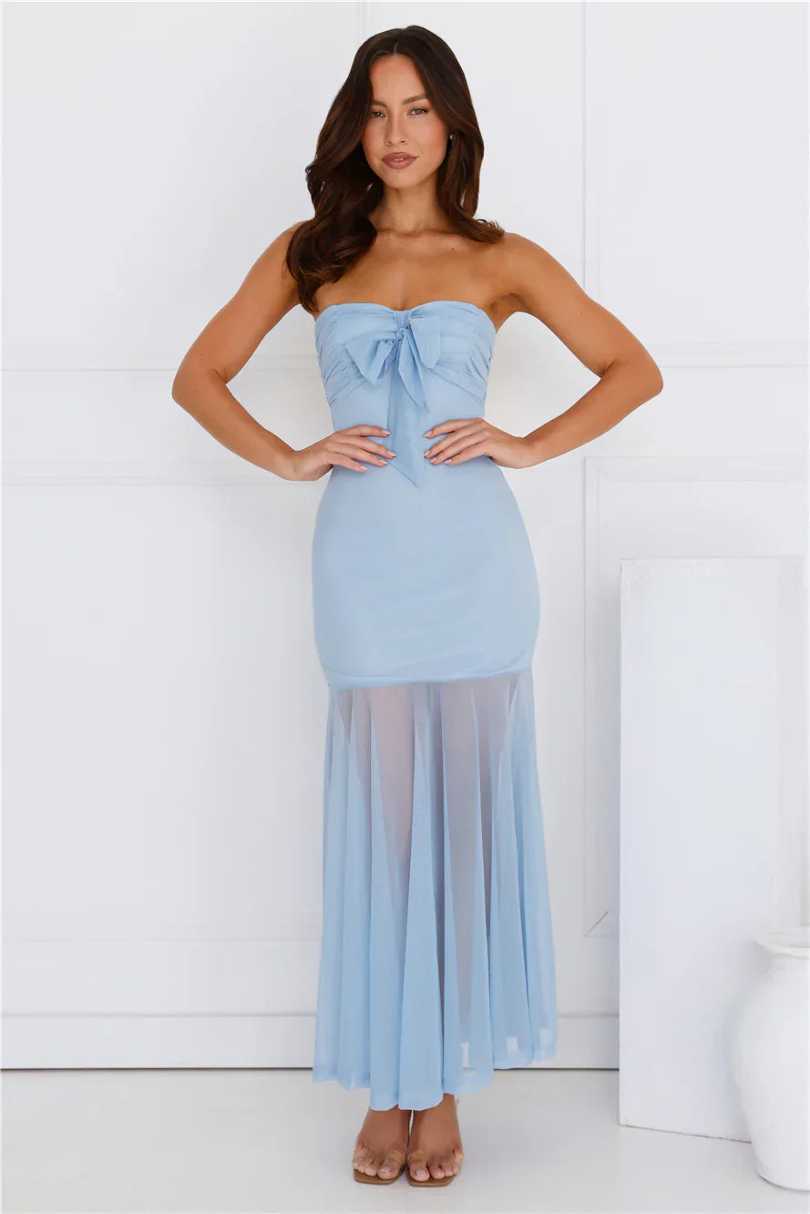 Misty Morning Magic Strapless Mesh Maxi Dress Blue