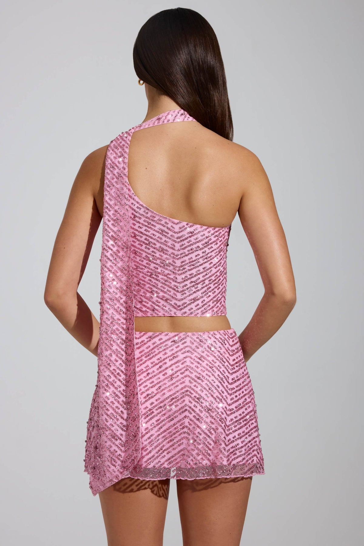 Embellished Asymmetric Scarf-Detail Top in Pink