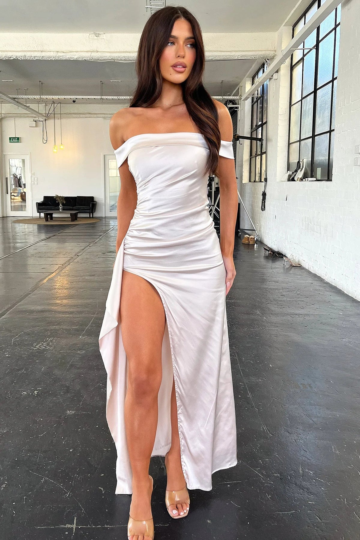 Saoirse Off Shoulder Satin Maxi Dress - Champagne