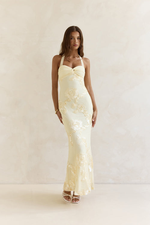 Skybloom Mesh Halter Maxi Dress Yellow