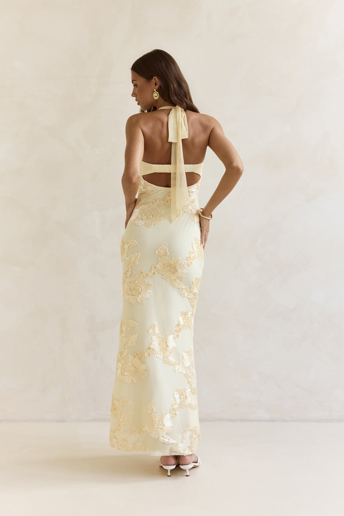 Skybloom Mesh Halter Maxi Dress Yellow