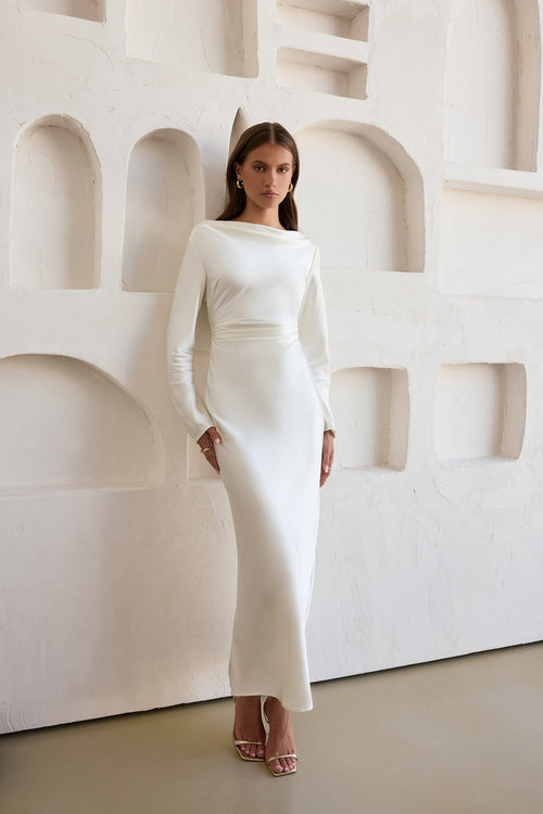 Cross The Skies Satin Long Sleeve Maxi Dress White