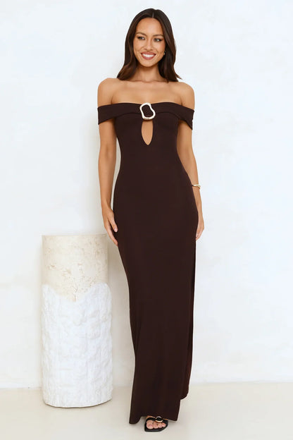 High End Highlights Off Shoulder Maxi Dress Brown