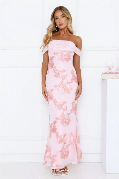 Lush Bloom Embroidered Off Shoulder Maxi Dress Pink