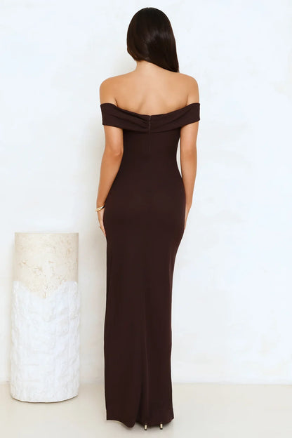 High End Highlights Off Shoulder Maxi Dress Brown