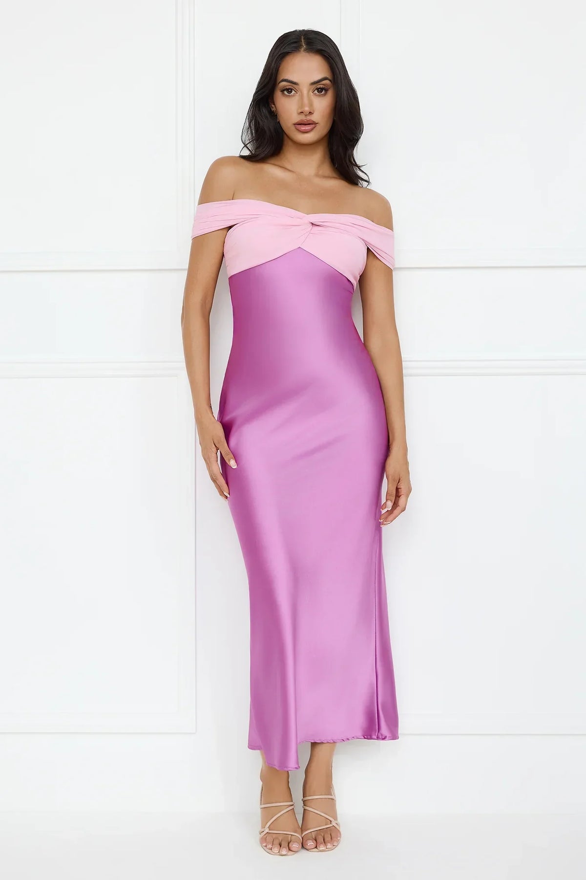 Luxe And Lavish Off Shoulder Satin Maxi Dress Purple