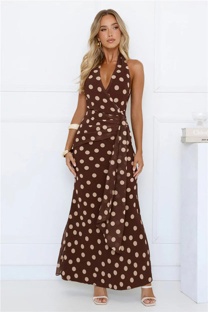 Nova Nights Halter Polka Dot Maxi Dress Brown