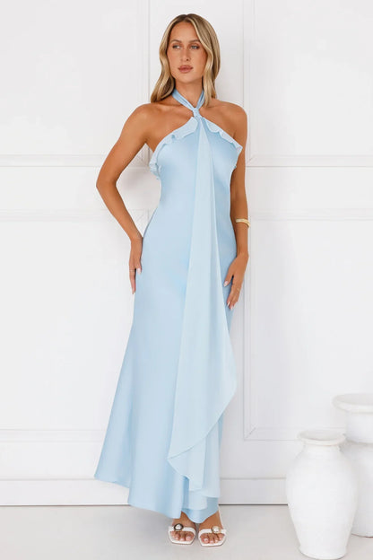 Luxora Lady Halter Satin Maxi Dress Blue