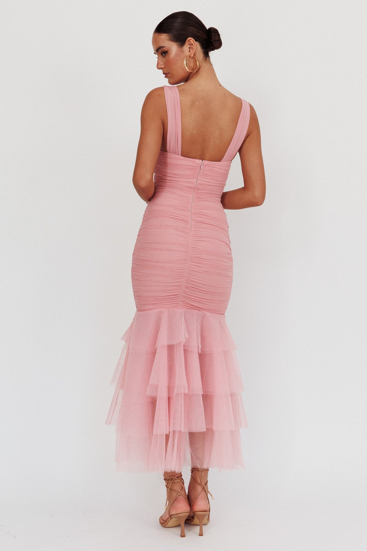 Nadia Tulle Hem Ruched Maxi Dress Pink