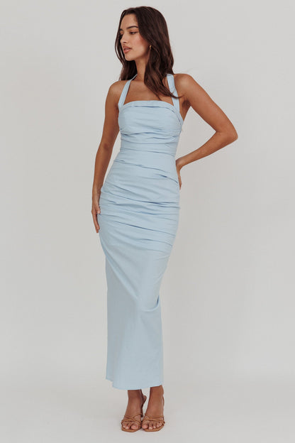 Scout Halterneck Ruched Maxi Dress Blue