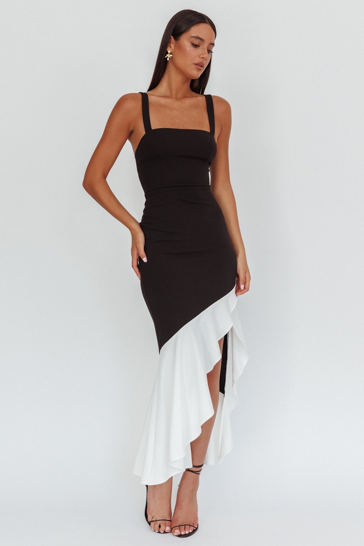 Delighted Asymmetric Hem Maxi Dress Contrast Black