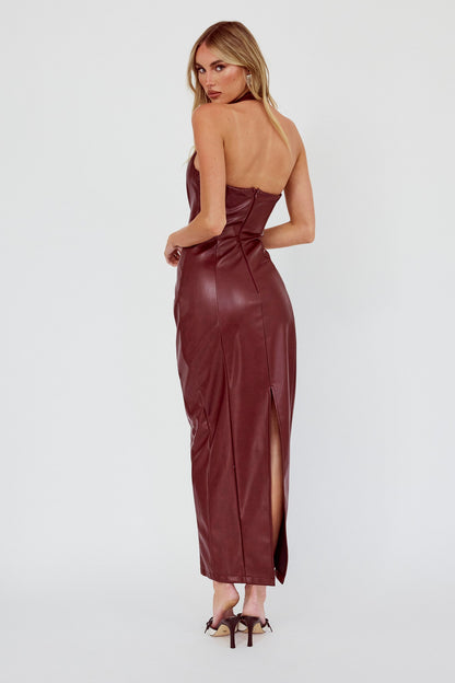 Marella Halterneck Faux Leather Maxi Dress Wine