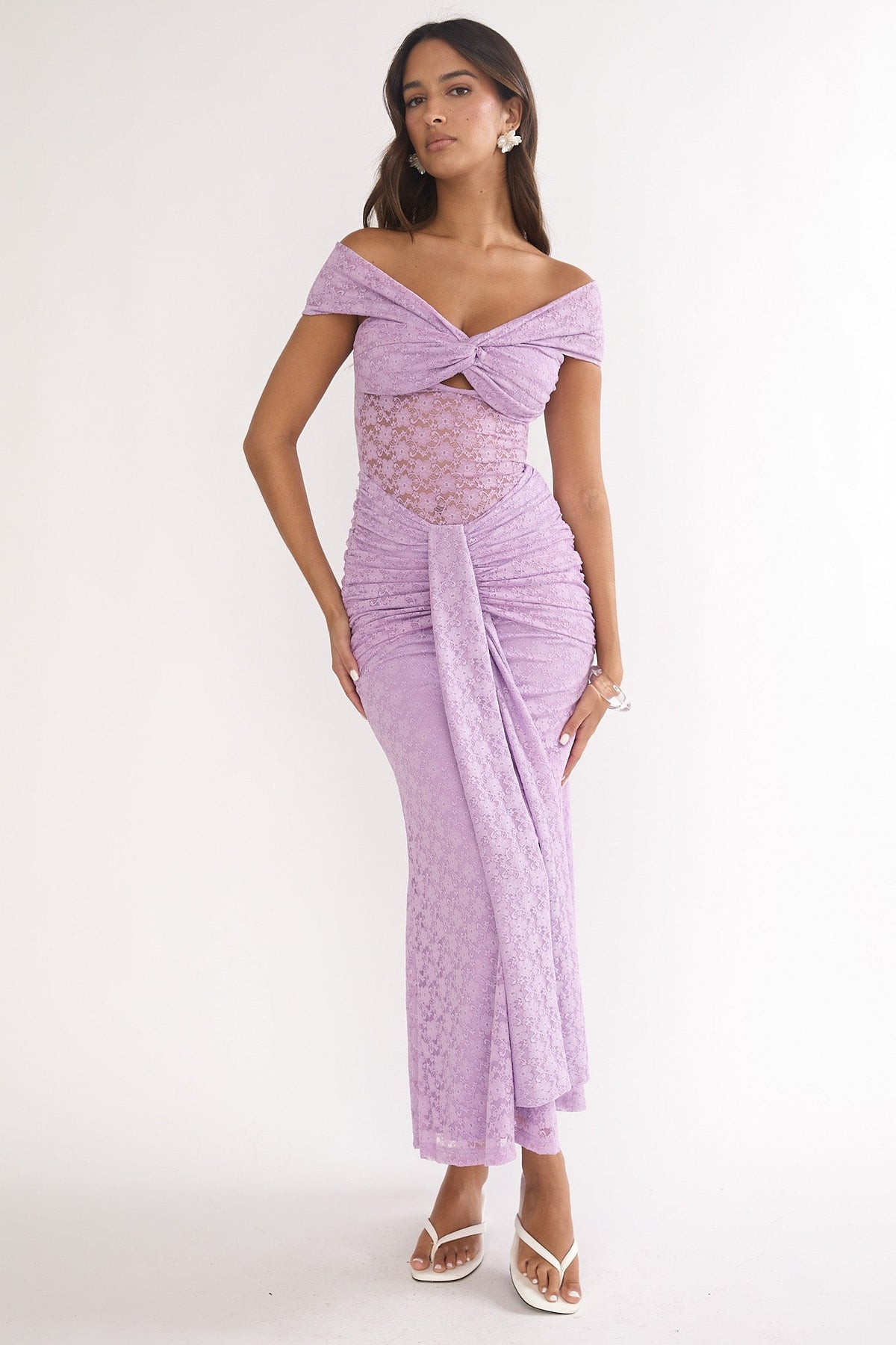 Kamilah Ruched Lace Maxi Dress Lilac