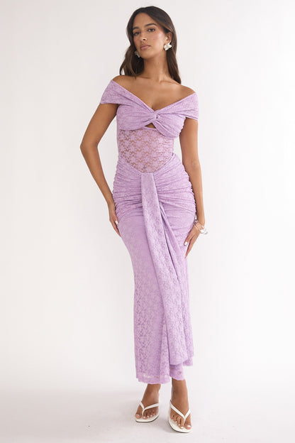 Kamilah Ruched Lace Maxi Dress Lilac