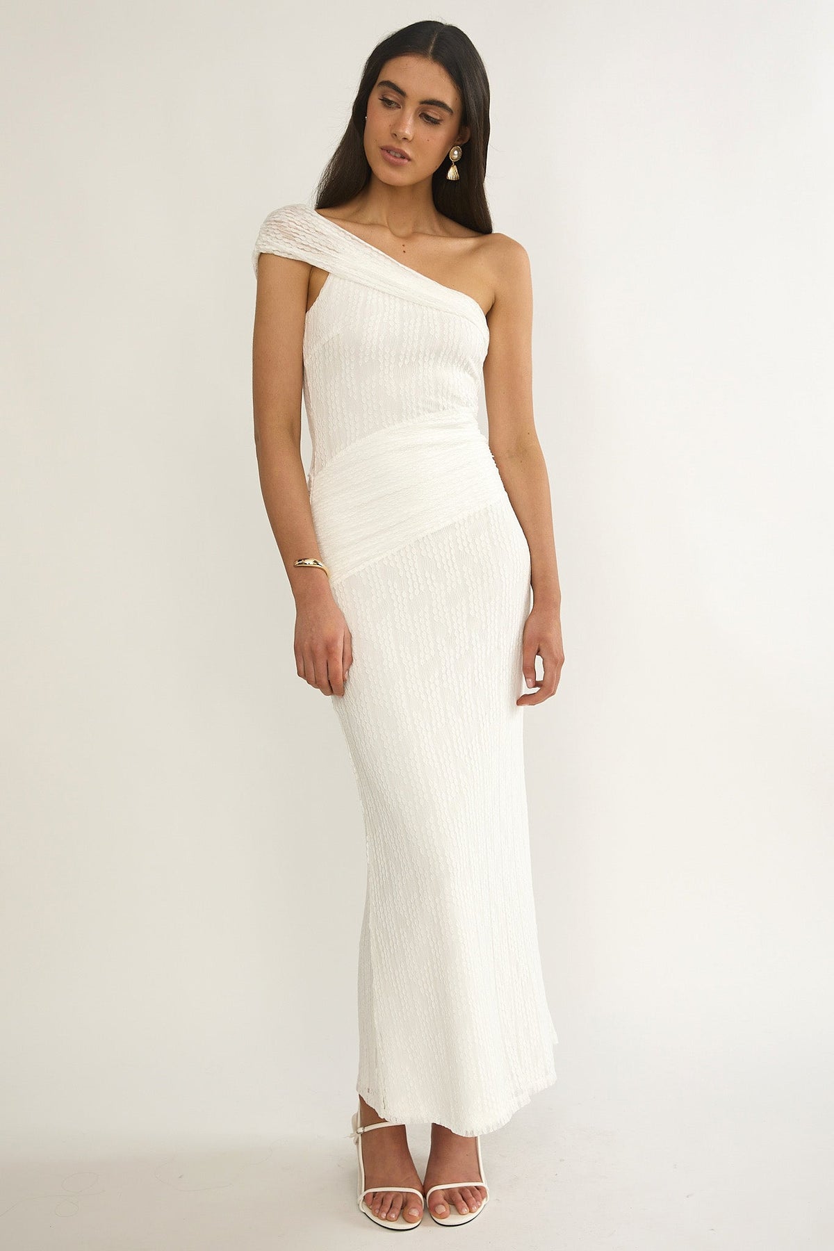 Gala One-Shoulder Textured Maxi Dress White