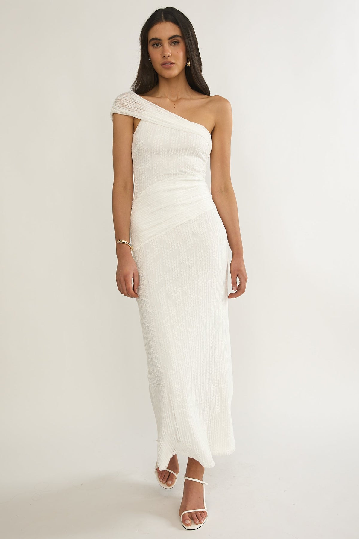 Gala One-Shoulder Textured Maxi Dress White