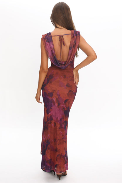 Virgo Season Draped Shoulder Maxi Dress Dark Rose