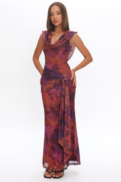 Virgo Season Draped Shoulder Maxi Dress Dark Rose