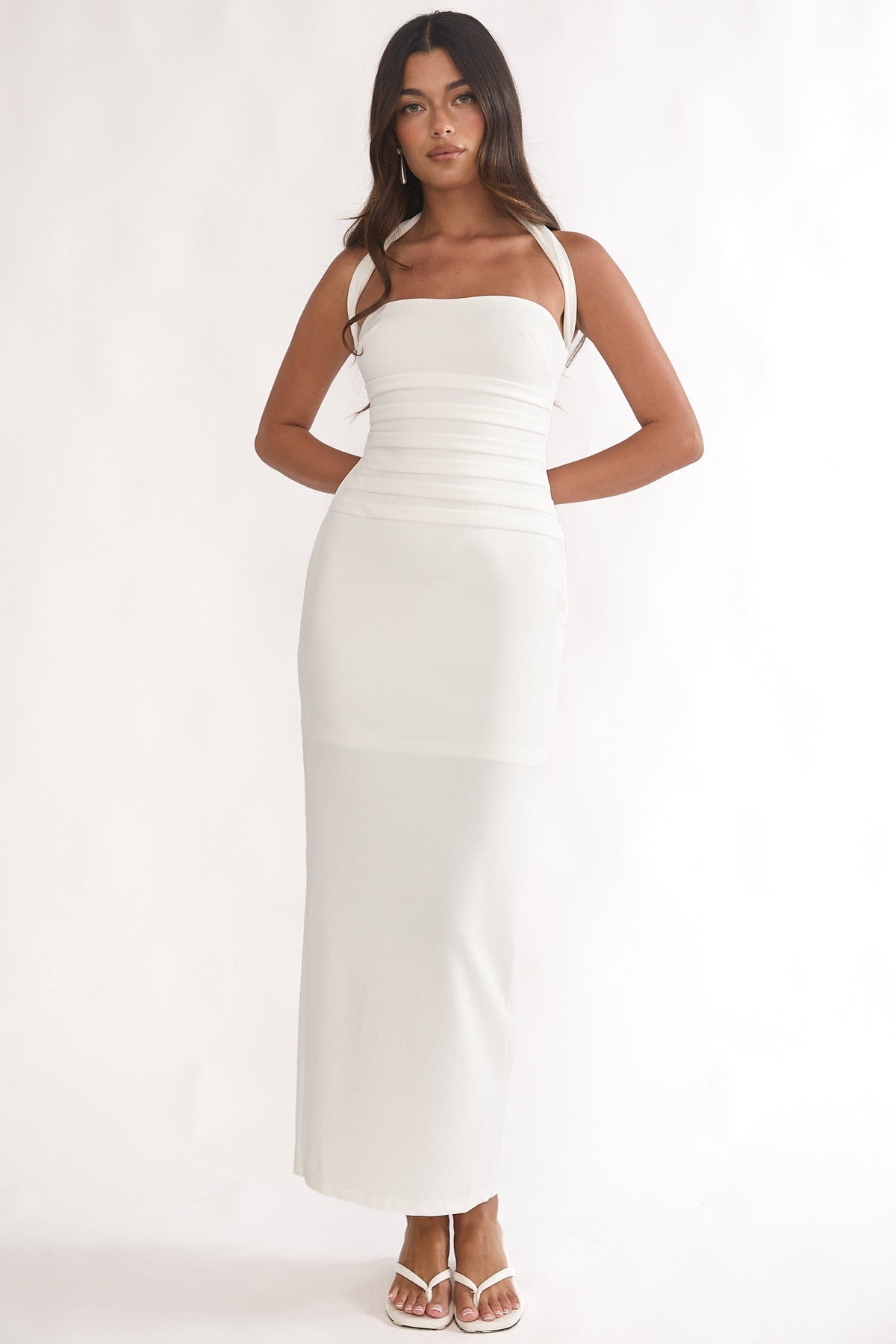 Fly Me To Paris Pleat Bodice Halterneck Maxi Dress White