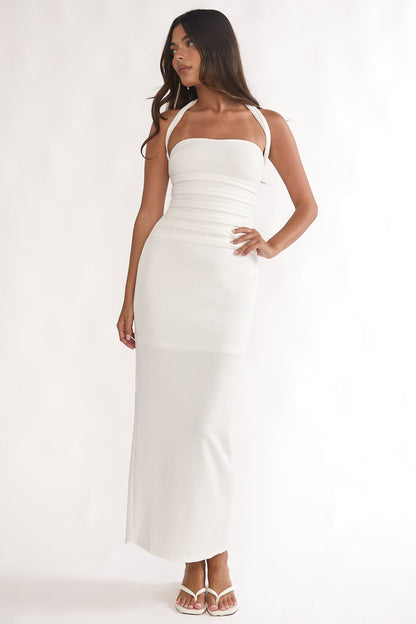 Fly Me To Paris Pleat Bodice Halterneck Maxi Dress White