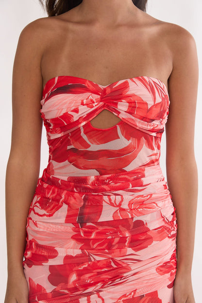 Kallira Strapless Ruched Maxi Dress Floral Red