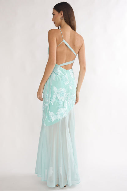 Mireya One-Shoulder Sheer Hem Maxi Dress Aqua