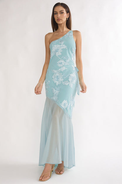 Mireya One-Shoulder Sheer Hem Maxi Dress Aqua